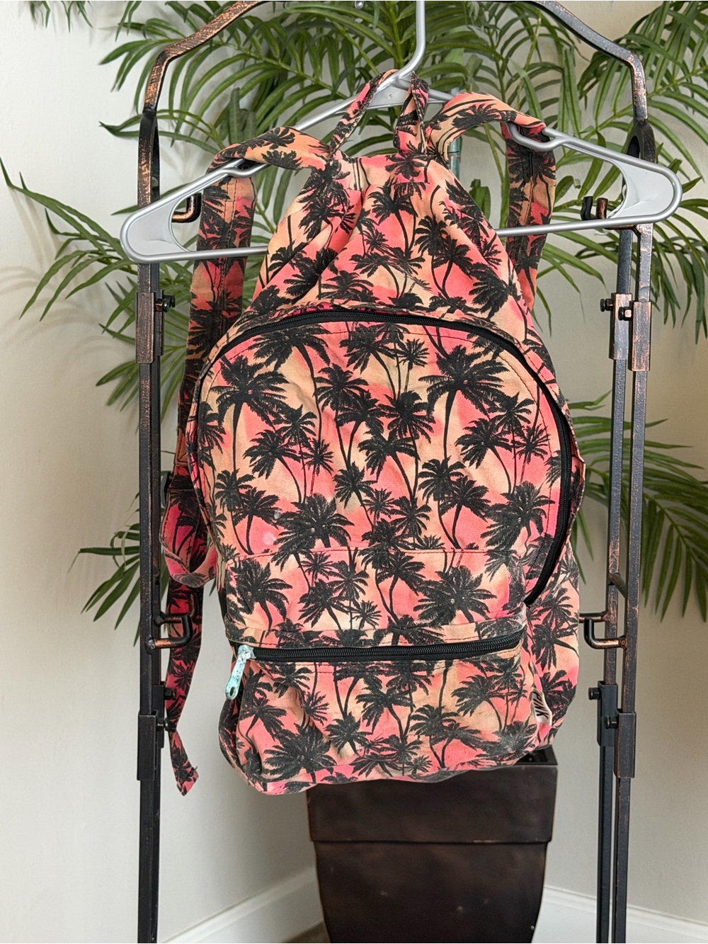 PINK Victoria's Secret Coral Pink Canvas Backpack with Black Palm Print